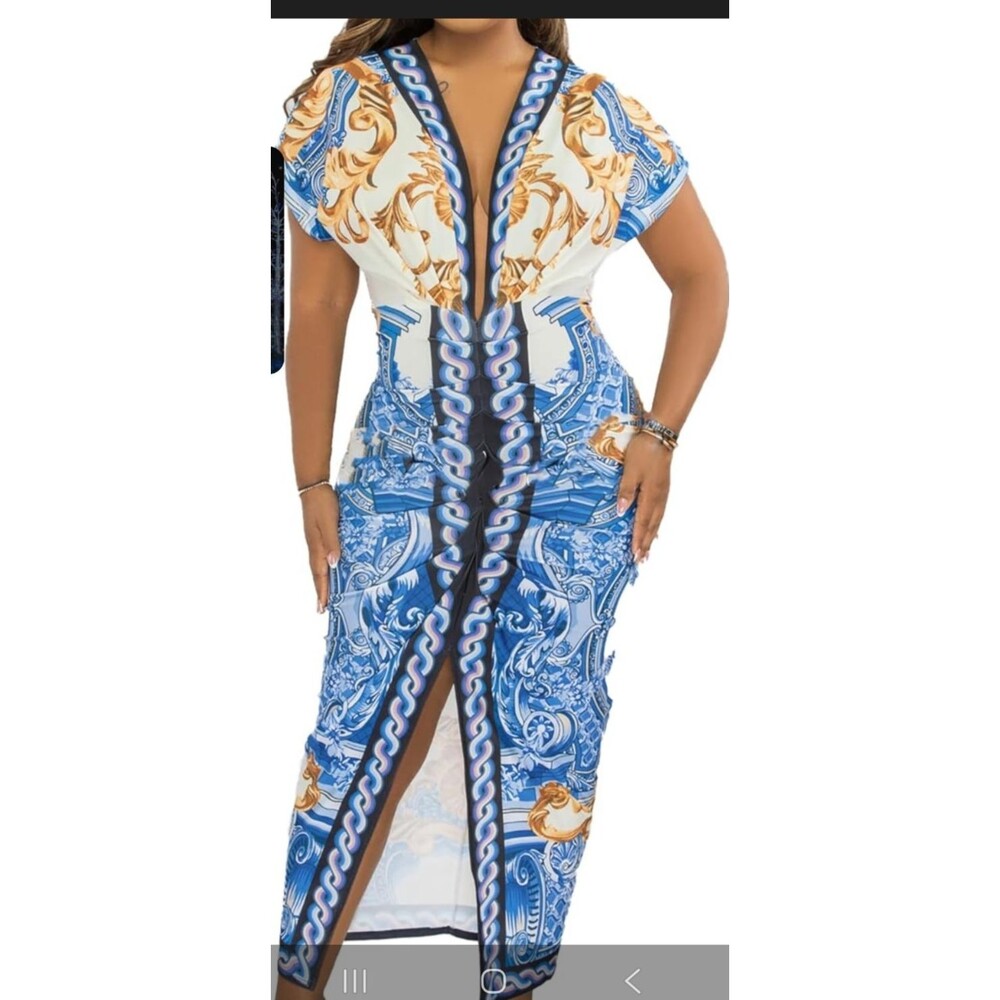 Steps NY Baroque Print V-Neck Beach Cover-Up Maxi Bodycon Dress Blue GOLD Medium